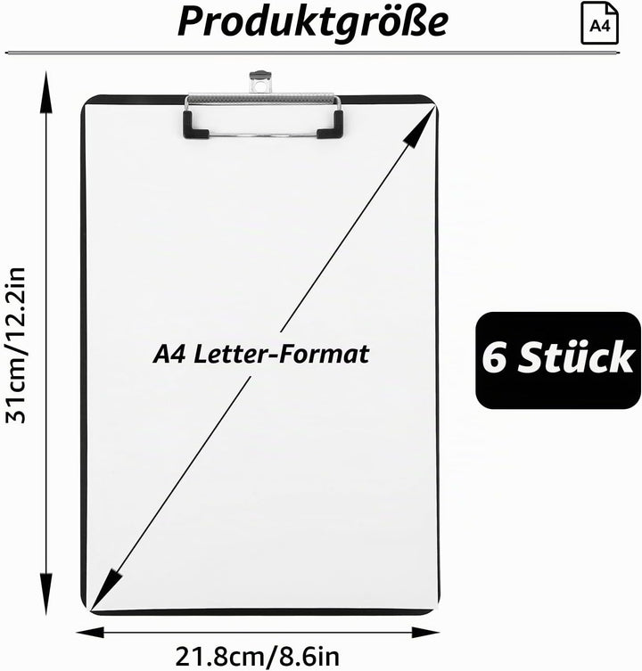 6 Stück Kunststoff Klemmbrett A4, Klemmbrett A4 Kunststoff Klemmbrettmappe mit Metalklemme und Aufhä