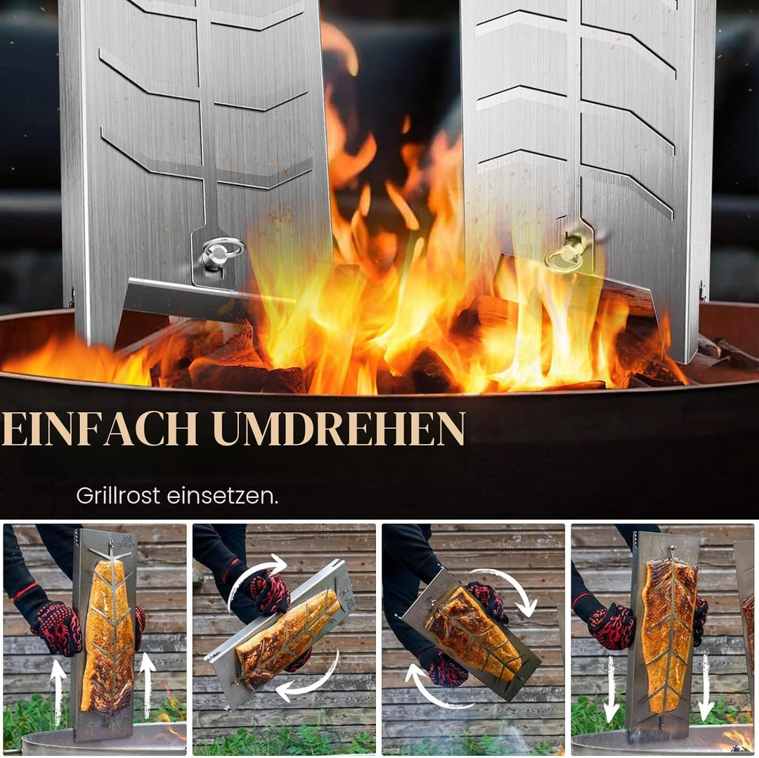 Flammlachsbrett aus Edelstahl – Verstellbare Halterung 59×16 cm für Flammlachs, Fisch & Fleisch – Ro