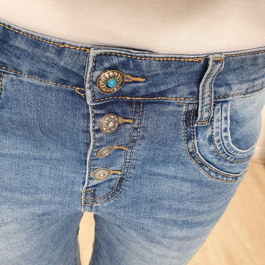 Karostar Damen Boyfriend Stretch Jeans mit offener Knopfleiste M Denim Special Pocket, M Denim Speci