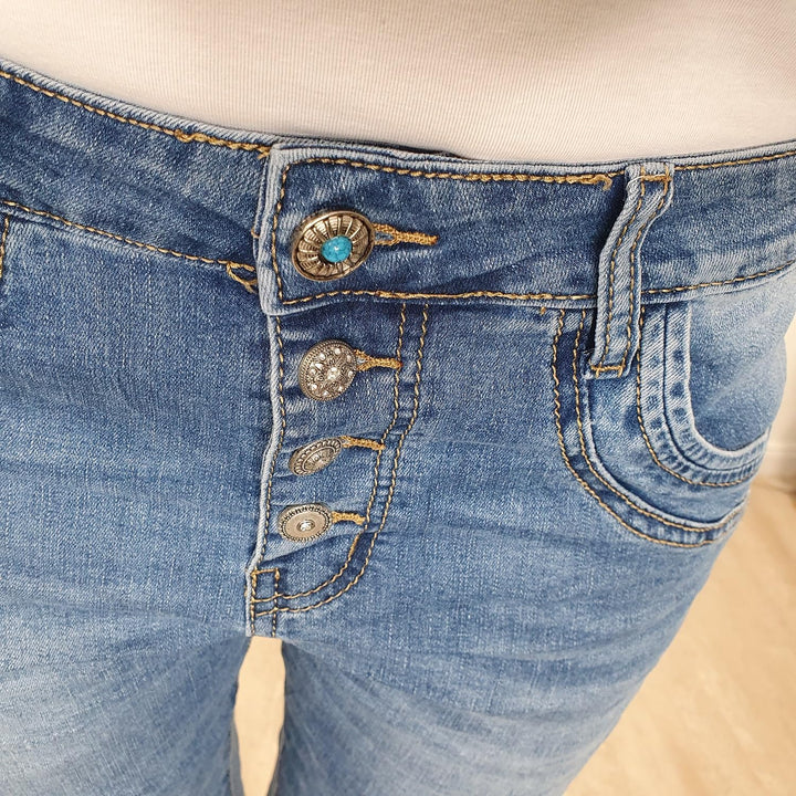 Karostar Damen Boyfriend Stretch Jeans mit offener Knopfleiste M Denim Special Pocket, M Denim Speci