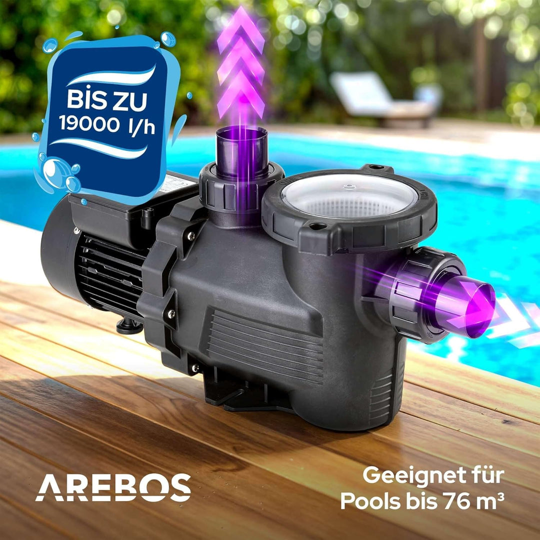 Arebos Schwimmbadpumpe 800W | Filterpumpe mit Vorfilter & 19000 l/h | Poolpumpe für Sandfilteranlage