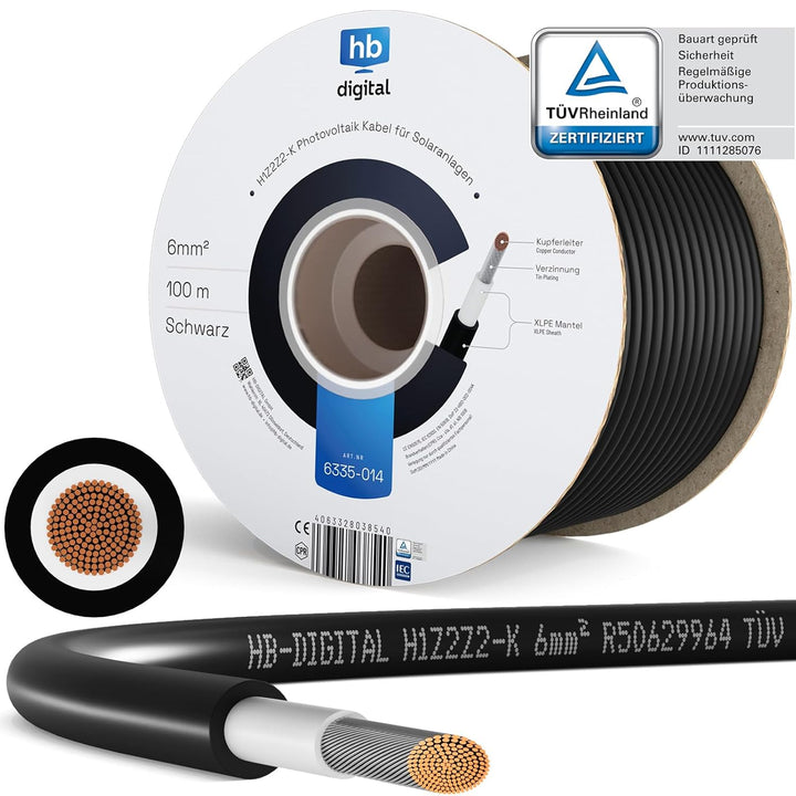 hb-digital 100m Solarkabel H1Z2Z2-K TÜV Rheinland geprüft 6mm2 UV-beständig flexibel PV Kabel Reines