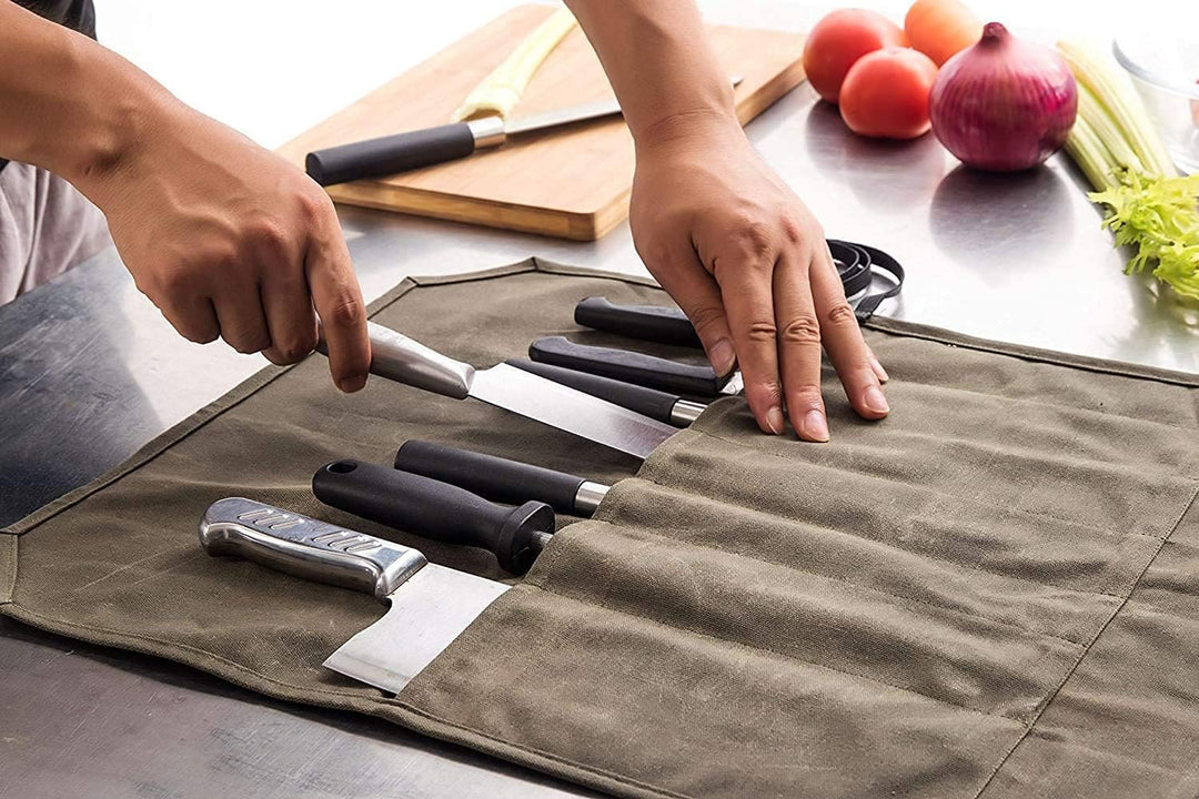 JURONG Kochmesser Rolltasche mit 7 Schlitzen, gewachstes Segeltuch, Küchenwerkzeug Rolltasche, Kling
