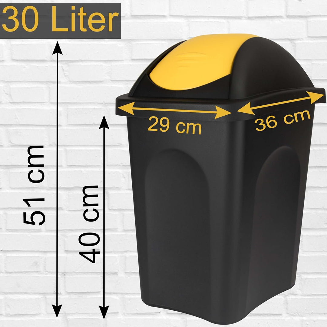 Mülleimer 30l schwarz gelb eckig, Schwingdeckel Mülleimer Küche, Mülltonne, Abfalleimer Küche, Mistk