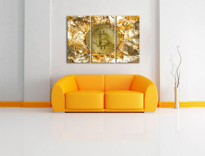 Bitcoin BTC Goldpapierals Leinwandbild 3 teilig | Grösse: 120x80 cm | Wandbild | Kunstdruck | fertig