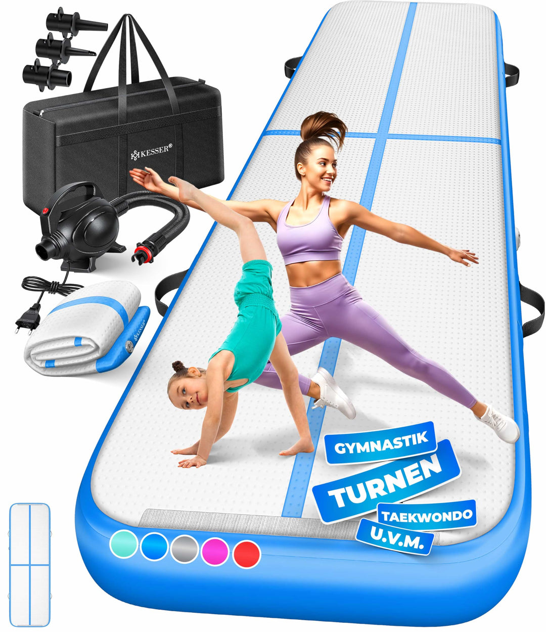 KESSER® Turnmatte Aufblasbar Airtrack Fitness-Matte Gymnastikmatte 3/4/5/6m | inkl. Tragetasche &amp; el