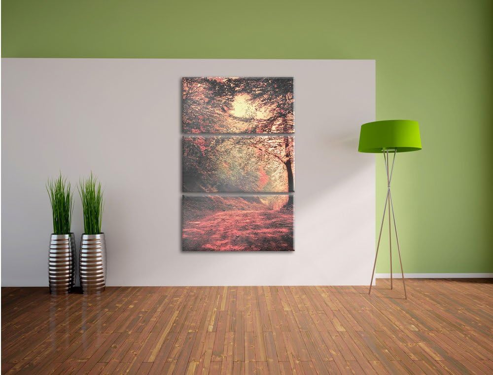 Pixxprint traumhafte Waldstrasse im Herbst / 3-Teilig/Gesamtmass 120cm Leinwandbild bespannt auf Hol
