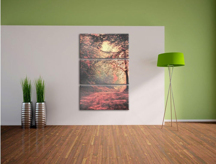 Pixxprint traumhafte Waldstrasse im Herbst / 3-Teilig/Gesamtmass 120cm Leinwandbild bespannt auf Hol