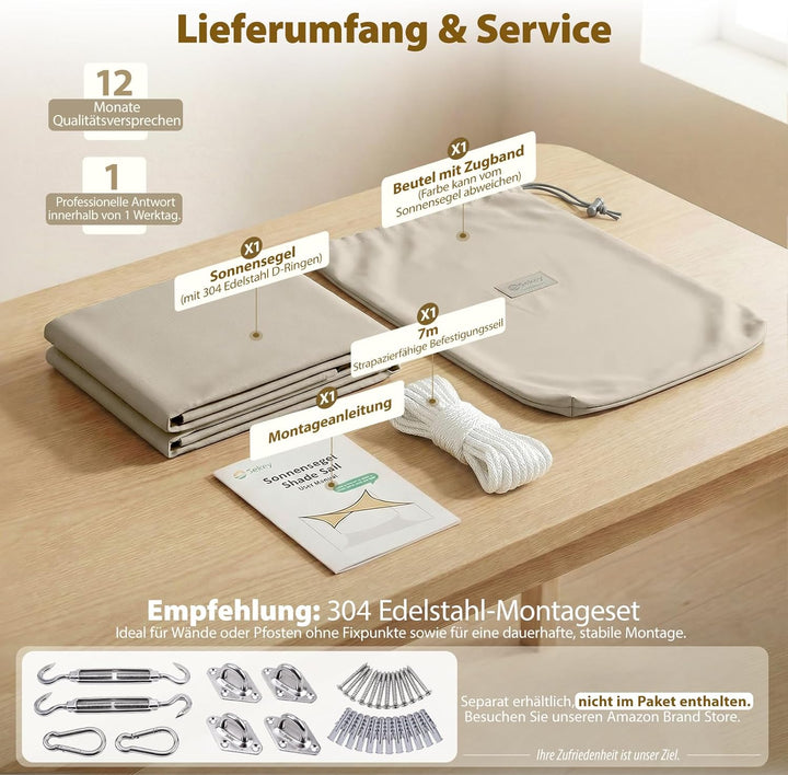 Sekey Sonnensegel Wasserdicht 2x3m Rechteckig – ohne Mittelnaht, hochdichtes PES 160g/m², mit Edelst