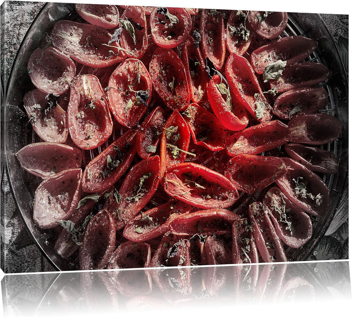 Pixxprint Tomaten Olivenöl Kräuter als Leinwandbild/Grösse: 100x70 cm/Wandbild/Kunstdruck/fertig bes