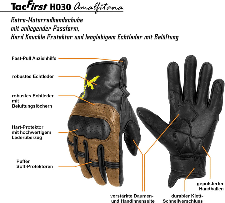 TacFirst AMALFITANA Motorrad Handschuhe Sommer aus Leder, Retro, Vintage Lederhandschuhe Damen, Herr