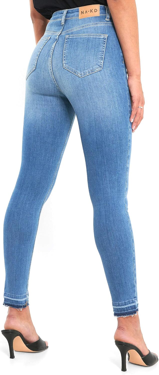 NA-KD Damen Skinny High Waist Open Hem Jeans, Mittelblau, 34 EU