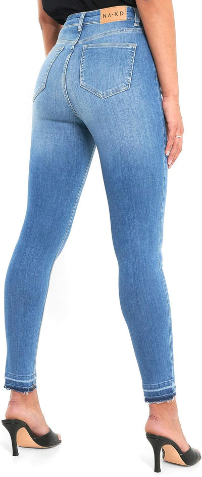 NA-KD Damen Skinny High Waist Open Hem Jeans, Mittelblau, 34 EU