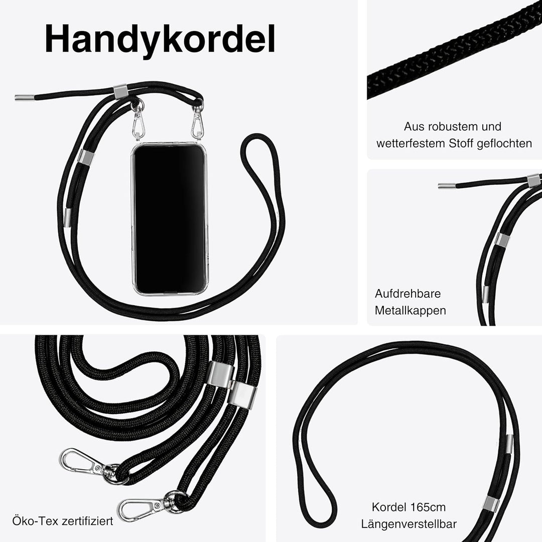 Jalouza Handykette, Kordel & Hülle Bundle kompatibel mit iPhone 13 - Metallkette in Schwarz-Silber u