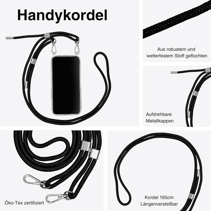 Jalouza Handykette, Kordel & Hülle Bundle kompatibel mit iPhone 13 - Metallkette in Schwarz-Silber u