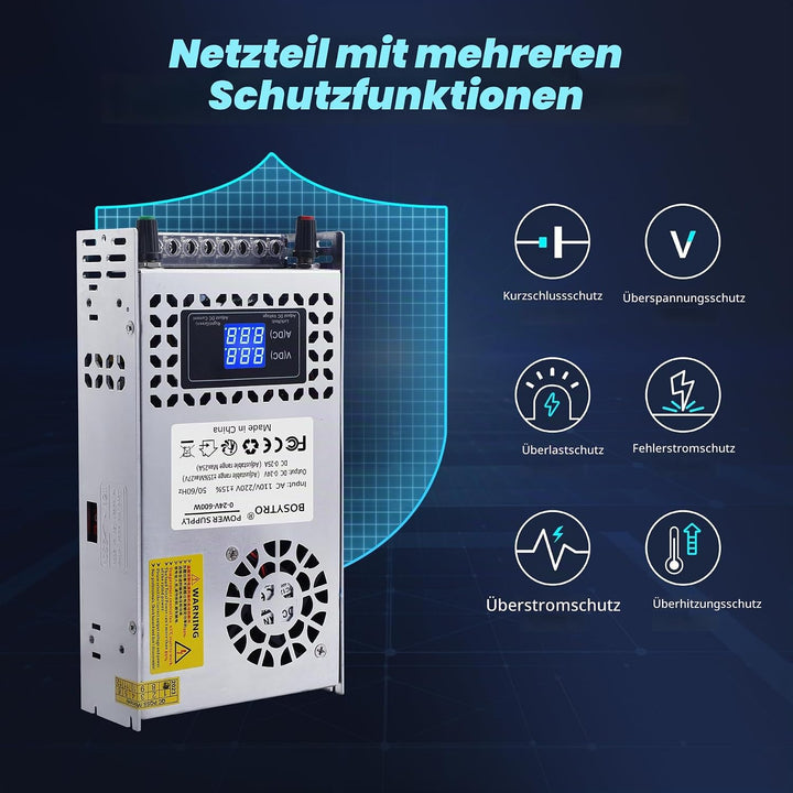 BOSYTRO Einstellbar Schaltnetzteil AC 110V/220V to DC 0-24V Transformator 25A 600W Spannung Digitala