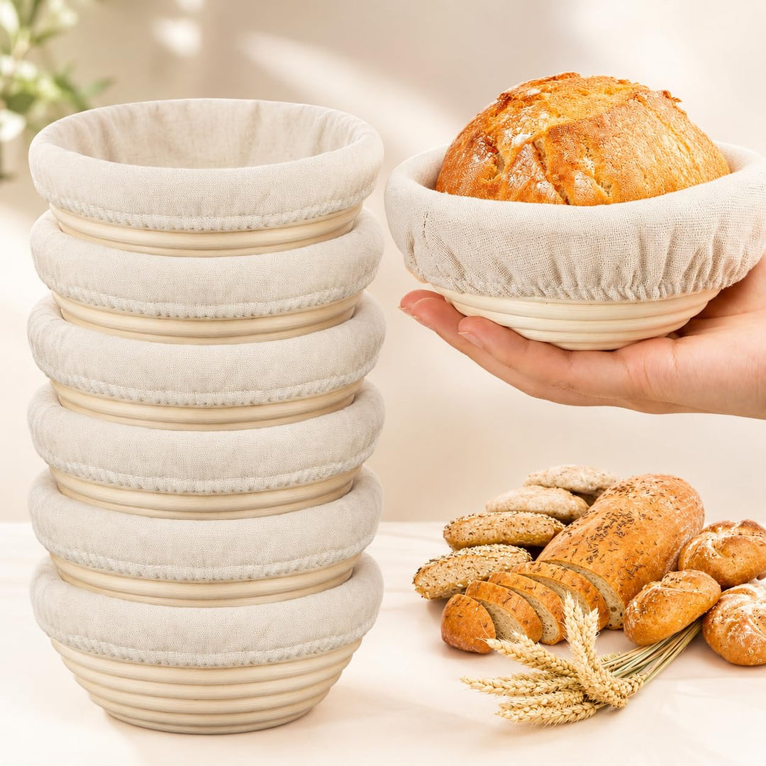 Gärkörbchen, Gärkorb, Rund Zum Brotbacken 6er Set, Gärkorb Brot mit Waschbarem Leineneinsatz, natürl