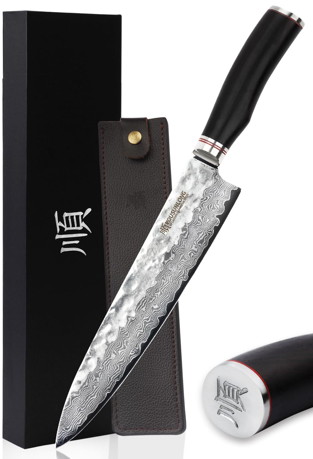 YOUSUNLONG Kochmesser 10 Zoll Pro Gyuto Japanisch Gehämmerter Damaststahl Natur Bleiholzgriff mit Le