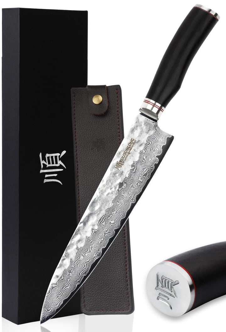 YOUSUNLONG Kochmesser 10 Zoll Pro Gyuto Japanisch Gehämmerter Damaststahl Natur Bleiholzgriff mit Le