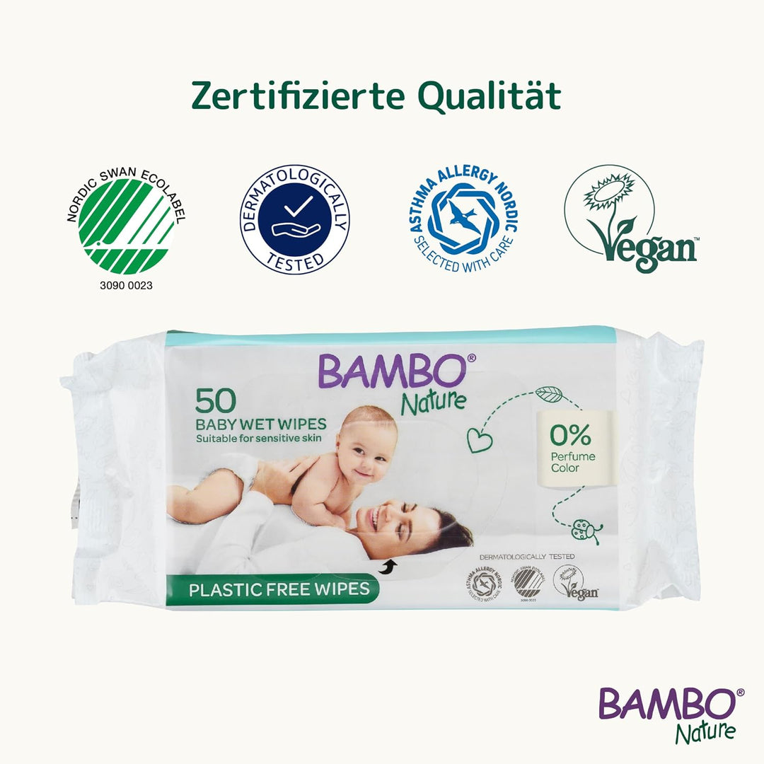Bambo Nature plastikfreie Baby-Feuchttücher 50 Stück–1 Packung | Feuchtigkeitsspendende Baby-Feuchtt