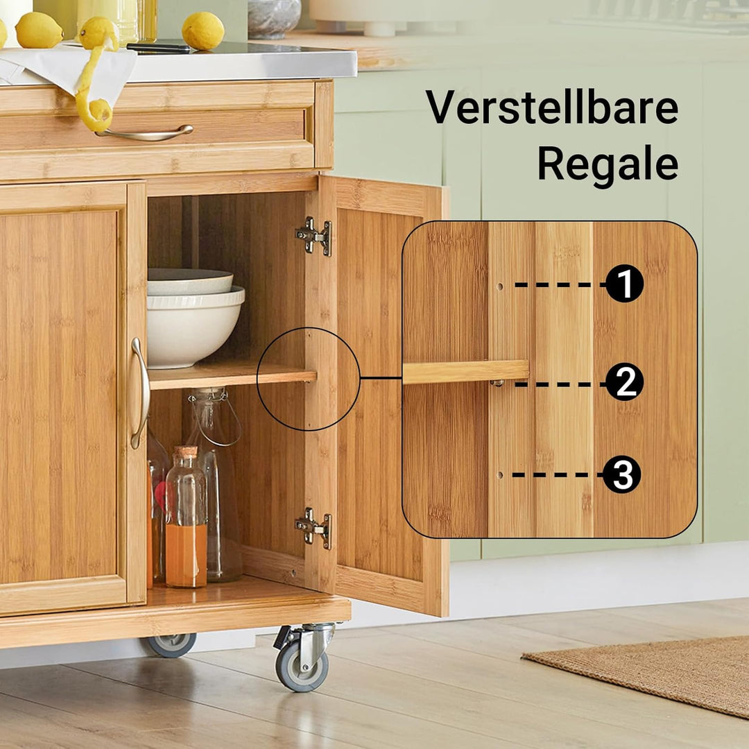 SoBuy FKW13-N Küchenwagen aus hochwertigem Bambus mit Edelstahltop Kücheninsel Küchenschrank Rollwag