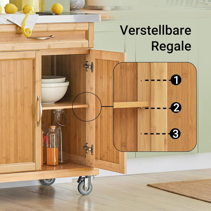 SoBuy FKW13-N Küchenwagen aus hochwertigem Bambus mit Edelstahltop Kücheninsel Küchenschrank Rollwag