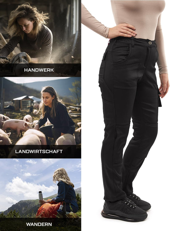 strongAnt Damen Arbeitshose komplett Stretch für Frauen Bundhose mit Kniepolstertaschen Schwarz Grau