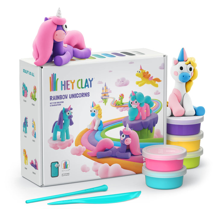 HEY CLAY Die Regenbogen-Einhörner - 15 Dosen lufttrocknende Knete für Kinder ab 3 Jahren - Kreatives