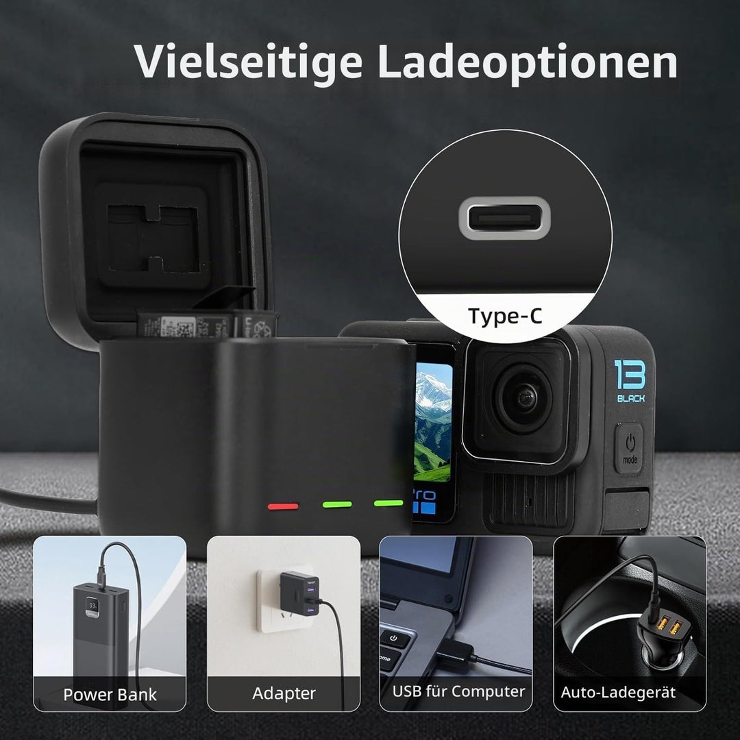 Akku-Ladegerät für Go Pro Hero 13 Black, Triple Slot USB-Ladekoffer mit Type-C Kabel Akkus Tragetasc
