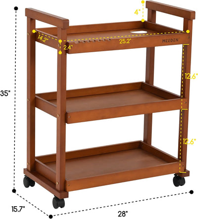 MEEDEN Beistellwagen mit Rollen, Walnuss 3-Tier Multifunktionale Art Storage Cart Organizer, Massivh