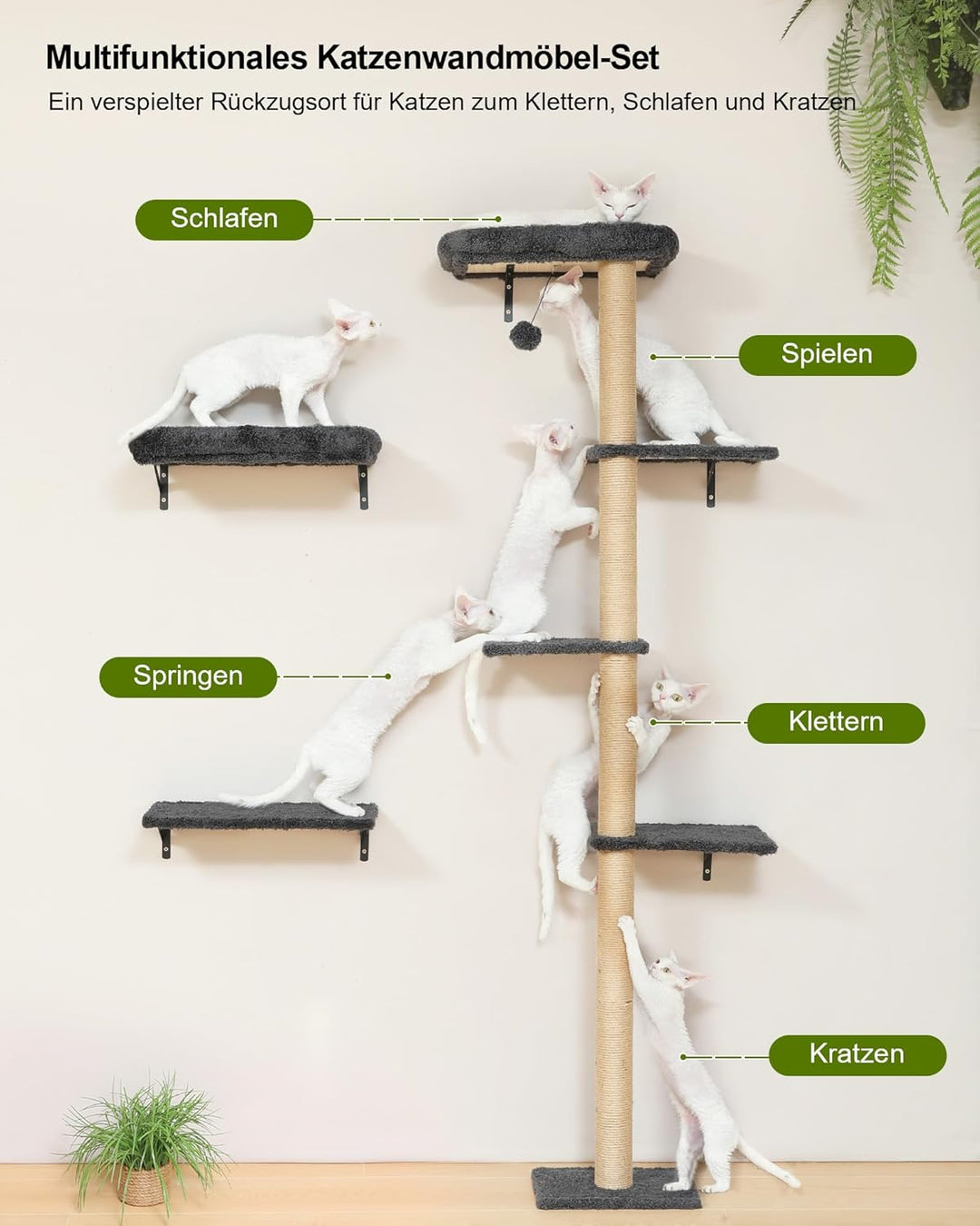 FUKUMARU Kletterwand Katzen-Set, 178 cm hoch, stabiles 3-in-1 Kratzbaum-Set aus mehrschichtigem Mass