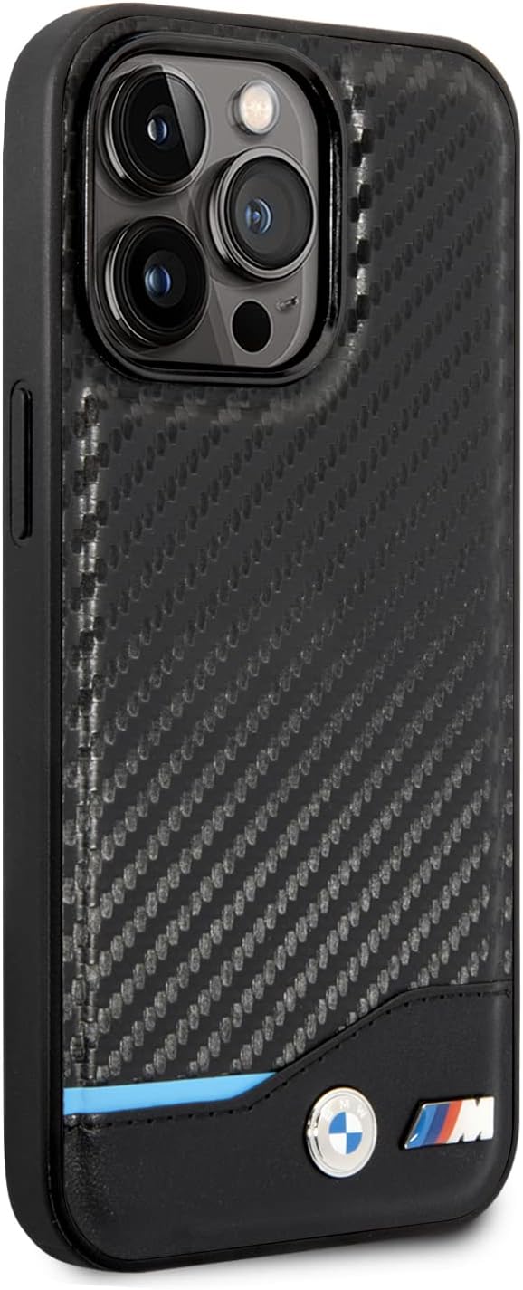 CG MOBILE BMW Handyhülle für iPhone 14 Pro Max in Schwarz mit horizontaler blauer Linie, PU-Kohlefas