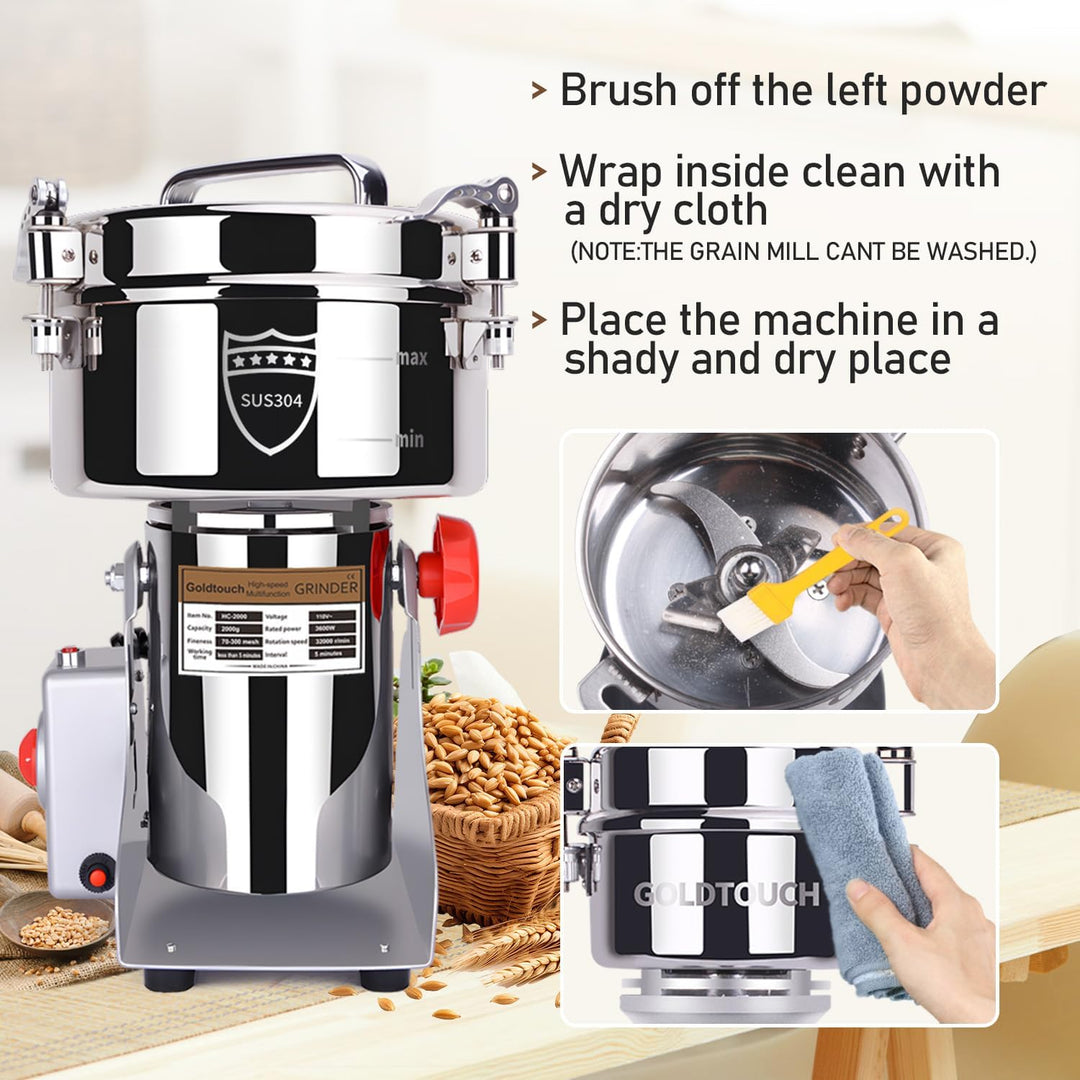 Goldtouch GetreidemüHle Elektrische 2000g 3600W Electric Grain Mill 32000U/min 304 Edelstahl Kommerz