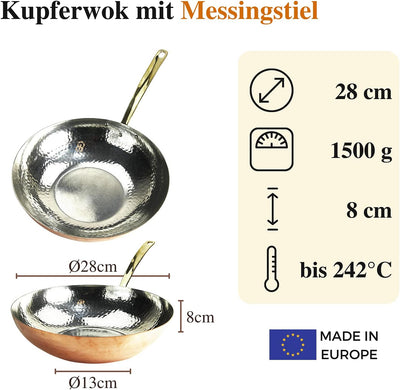 CopperGarden Kupferpfanne WOK 28 cm mit Stiel I Mit Zinn beschichtete Pfanne aus Kupfer zur idealen