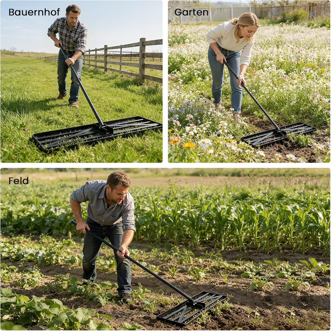 Rasenrechen, 75 x 25 cm, Gartenrasen-Nivellierrechen mit 193 cm extra langem Stiel Gartengerät zum m