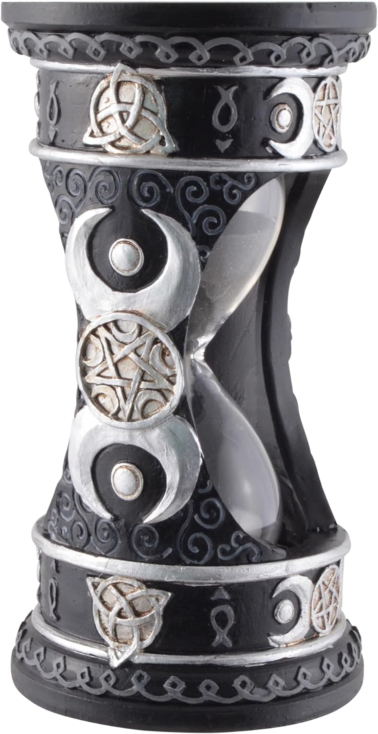 Wicca Sanduhr Silber-schwarz mit schwarzem Sand, aus Kunststein angefertigt und von Hand bemalt