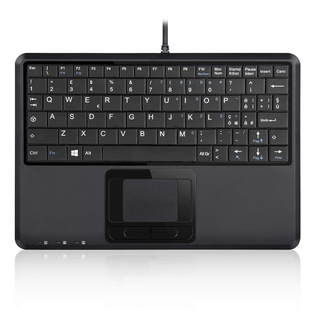 Perixx PERIBOARD-510H Plus Mini-USB-Tastatur mit Touchpad und 2 USB-Anschlüssen, leise Tasten, itali