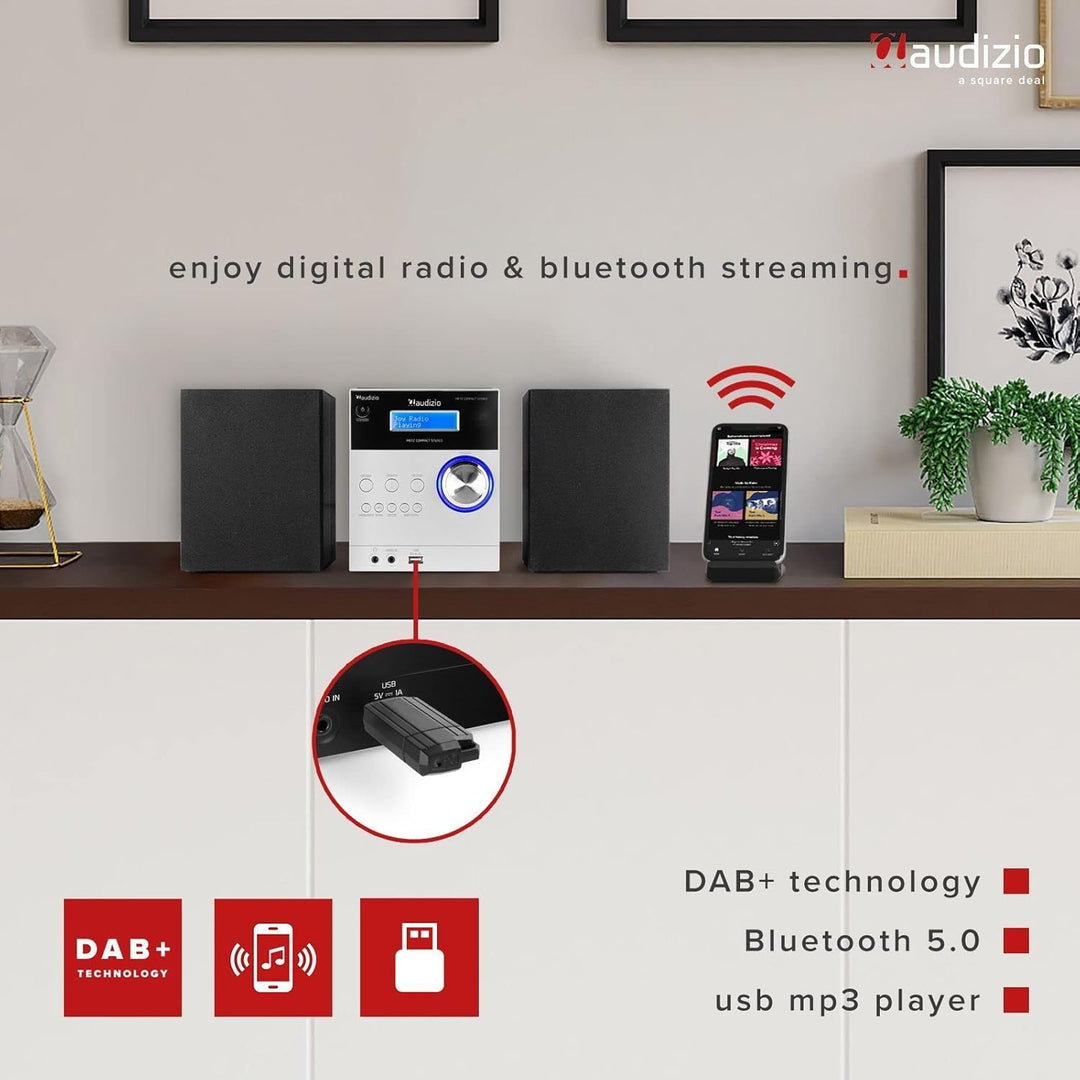Audizio Metz DAB Radio mit CD, Bluetooth, MP3 Player, Fernbedienung, UKW, Aux Eingang, Radio Wecker,