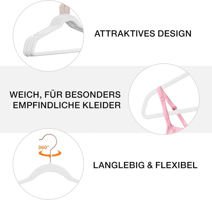 100 Stück hochwertige Samt Kleiderbügel in der Farbe Weiss mit Rosegold Look Haken/Anti-Rutsch/von S