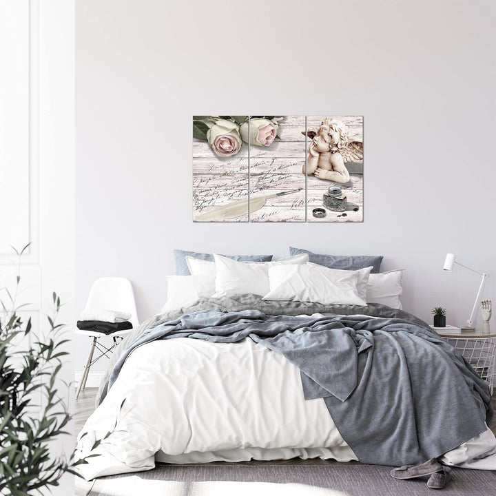 Runa Art Wandbilder Engel Blumen Bild XXL Wohnzimmer Schlafzimmer Rosa Grau Holz 120 x 80 cm 3 Teili
