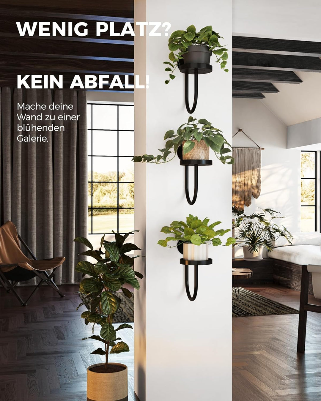 Bamworld Blumenständer Wandmontage 3er Set – U-Form Pflanzenregal aus Metall für Wohnzimmer & Balkon