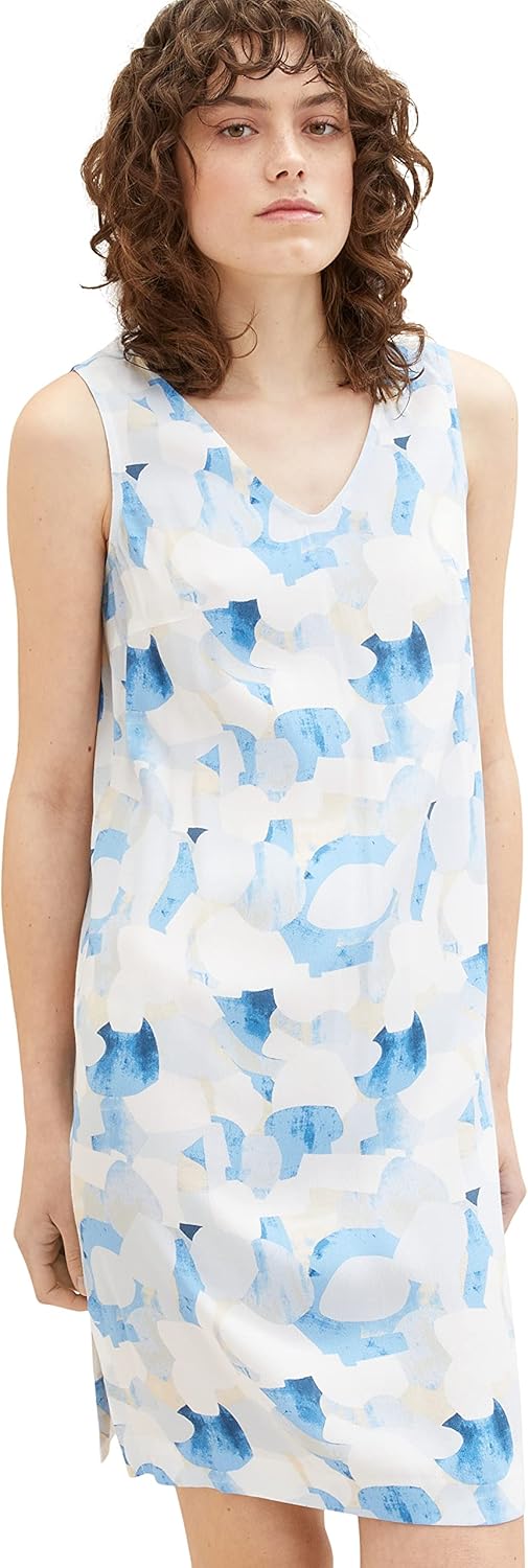 TOM TAILOR Damen Basic Sommerkleid mit Muster, 32135 - Blue Shapes Design