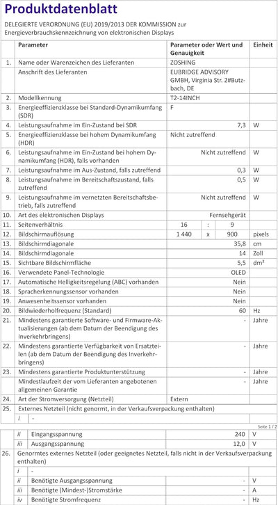 ZOSHING TV 14-Zoll-Fernseher,1080p Kleine Fernseher-Bildschirme,Integrierter Digital Tuner T2, HDMI/