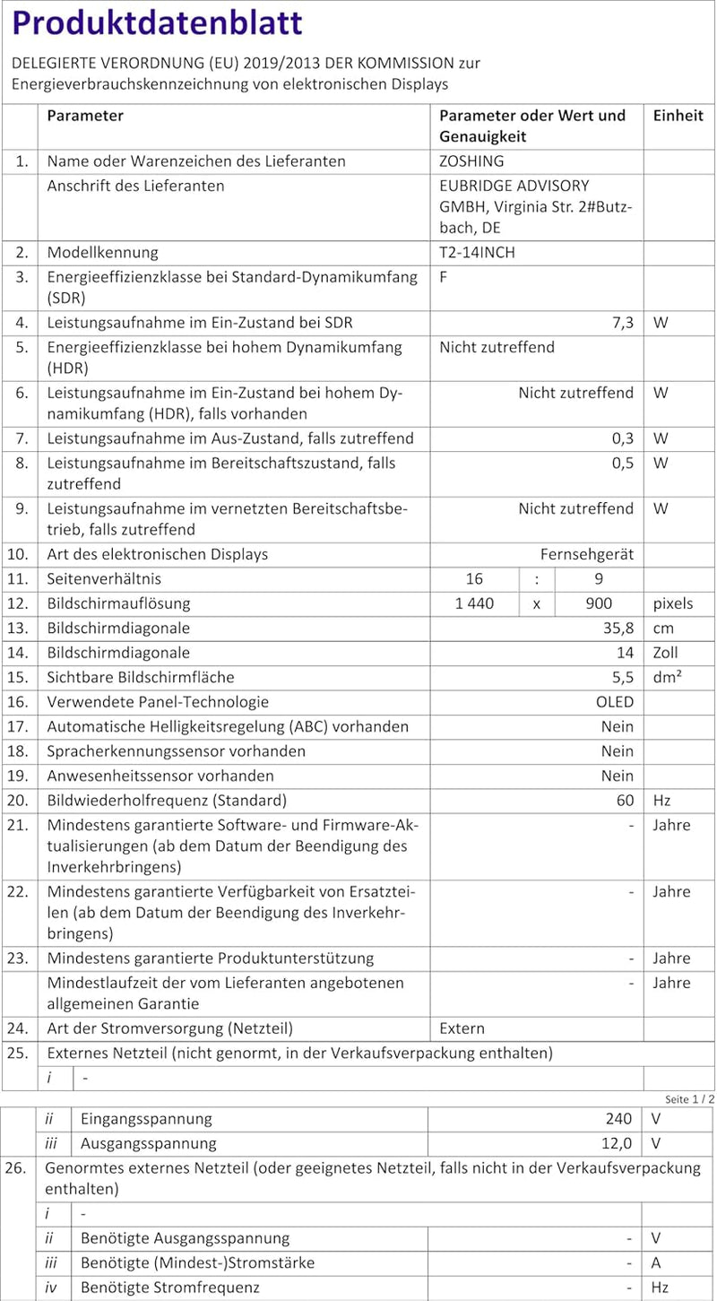 ZOSHING TV 14-Zoll-Fernseher,1080p Kleine Fernseher-Bildschirme,Integrierter Digital Tuner T2, HDMI/