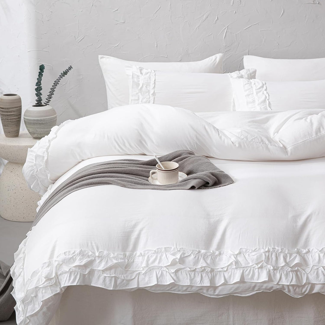 Herside Weiss Rüsche Bettwäsche 240x220 cm Böho Bettwäsche Sets 2-Schicht Weiss Rüschen Design Weich