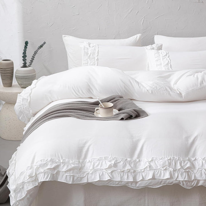 Herside Weiss Rüsche Bettwäsche 240x220 cm Böho Bettwäsche Sets 2-Schicht Weiss Rüschen Design Weich