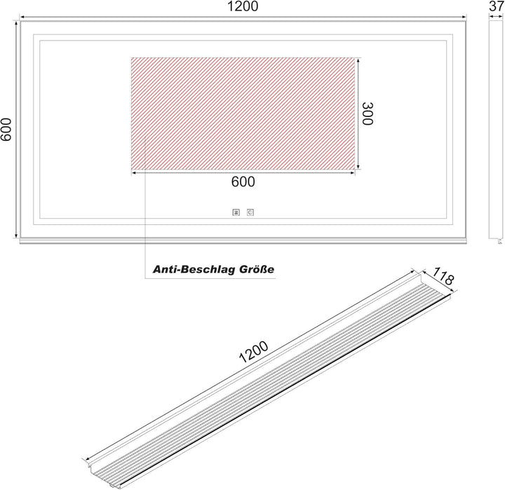 SONNI LED Badspiegel 120x60cm mit 120cm Ablage, Touch Spiegel 3 Lichtfarben, Anti-Beschlag, Ablage m