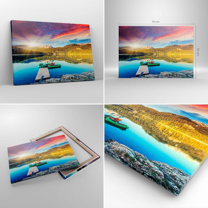 Bilder auf Leinwand See Berge Wasser Leinwandbild mit Rahmen 70x50cm Wandbilder Dekoration Wohnzimme