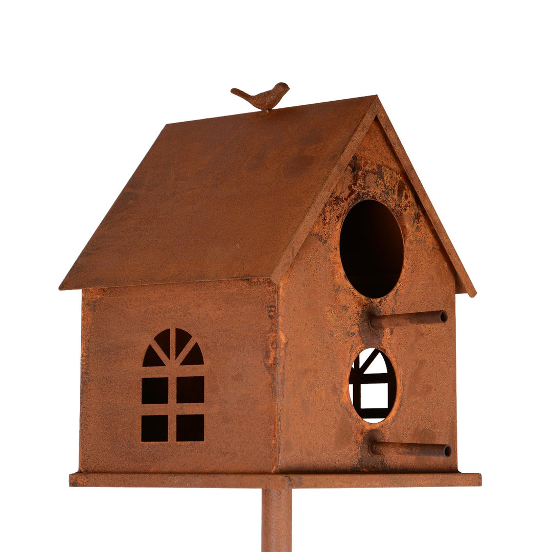 UNUS Vogelhaus mit Stab Metall Rost ca. 126 cm wetterfest dekoratives Vogelhaus Garten Terrasse Balk