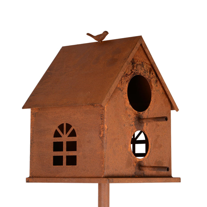 UNUS Vogelhaus mit Stab Metall Rost ca. 126 cm wetterfest dekoratives Vogelhaus Garten Terrasse Balk